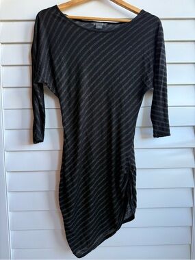 Armani Exchange Black Dress with Subtle Gold Metallic Stripes, Asymmetric Hem